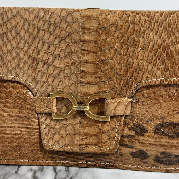 Vintage 60s Python Snakeskin Wallet Brown Leather Bi Fold Folio Style Gold Tone - Picture 6 of 14